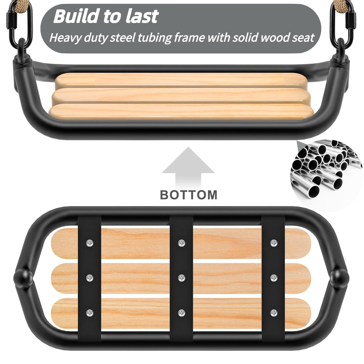 SELEWARE Hanging Wood Swing Seat Tree Swing for Kids, 100% Polyester Weather Proof Rope Heavy Duty Steel Tubing Structure Backyard Swing Set Replacement SELEWARE