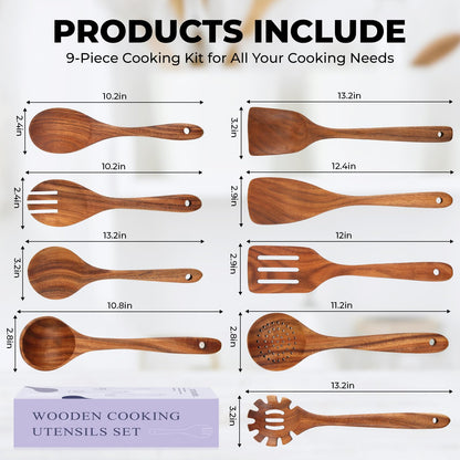 Teak Wooden Spoons for Cooking, Natural Solid Wooden Kitchen Cooking Utensils, Essential Wooden Kitchen Tools(9Pcs)