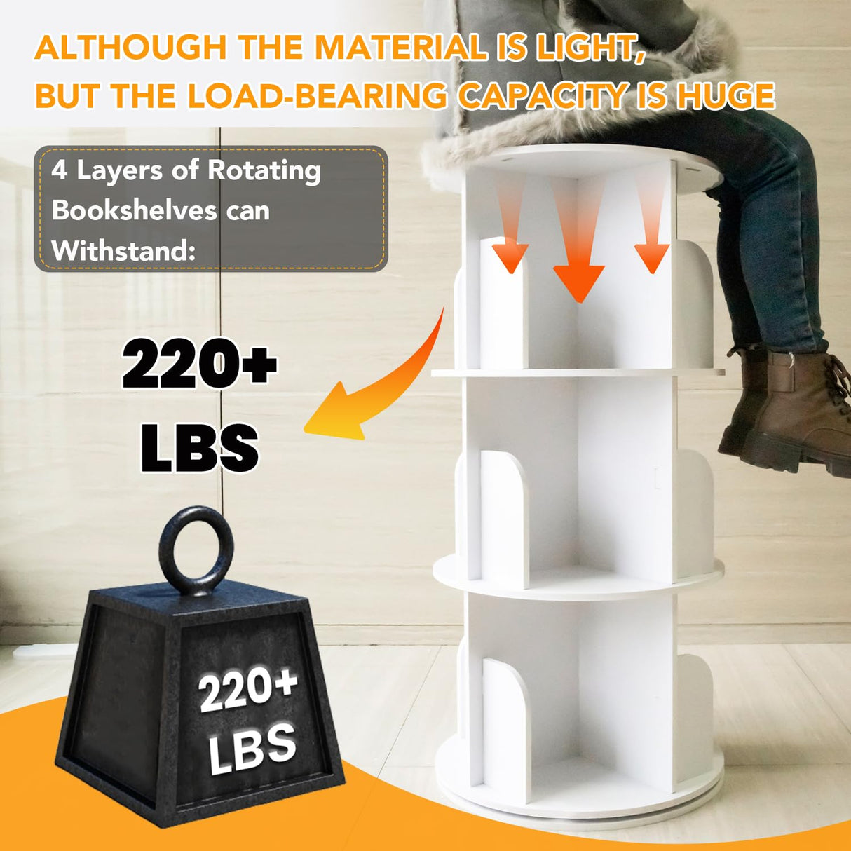 RUNSUNSPRI 4 Tier Rotating Bookshelf Tower, Spinning Bookshelf, Revolving 360° Bookcase Storage Round Carousel, Vertical Rotate Turning Spiral Corner Organizer Lazy Susan, White RUNSUNSPRI