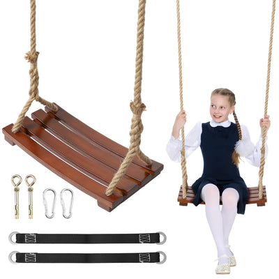 Wooden Tree Swing,500lbs Load Capacity Wooden Swing for Adults & Kids,Adjustable Height,Waterproof Hanging Swing Seat for Indoor,Outdoor,Backyard,Garden,Playground (Chocolate curved swing)