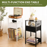 Yoobure Side Table - Night Stand with Charger Station & LED Light, 3 Tier Small End Table Living Room, Bedside Table with Drawer, Record Player Stand with Vinyl Storage, White Nightstand for Bedroom Yoobure