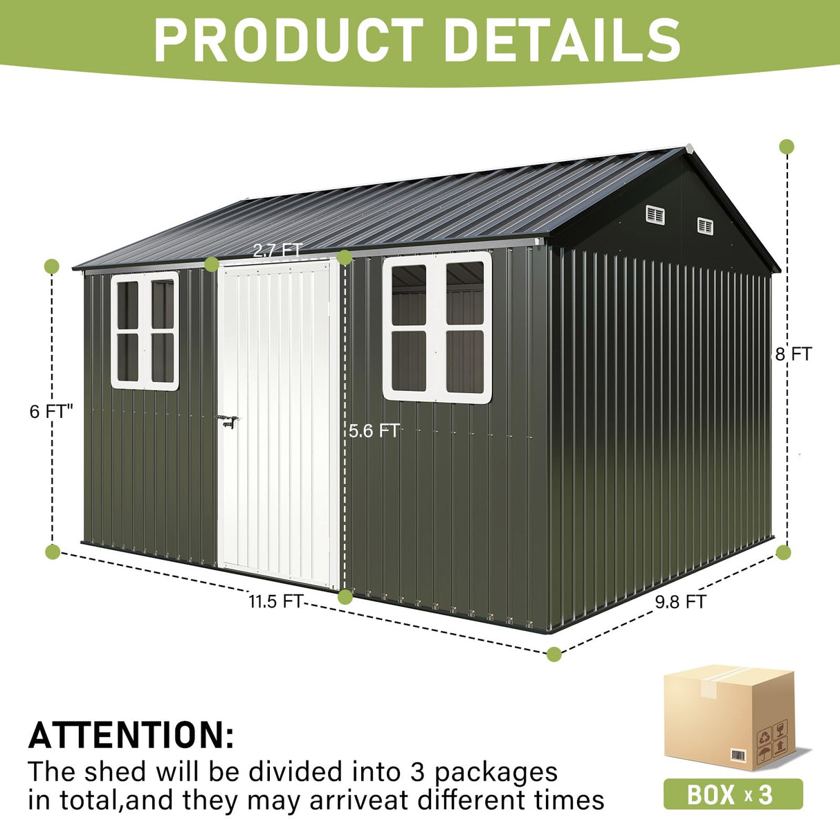 Vanacc 12x10.3x8.1 FT Galvanized Steel Outdoor Storage Shed with a Lockable Hinged Door and 2 Windows, Metal shed for Garden, Backyard, Dark Grey/White VanAcc