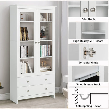 YIGOBUY White Bookcase with Glass Doors Tall Display Cabinet Wooden Bookshelf Organizer for Home Bedroom, Living Room, Office, Curio Cabinet Freestanding Kitchen Pantry