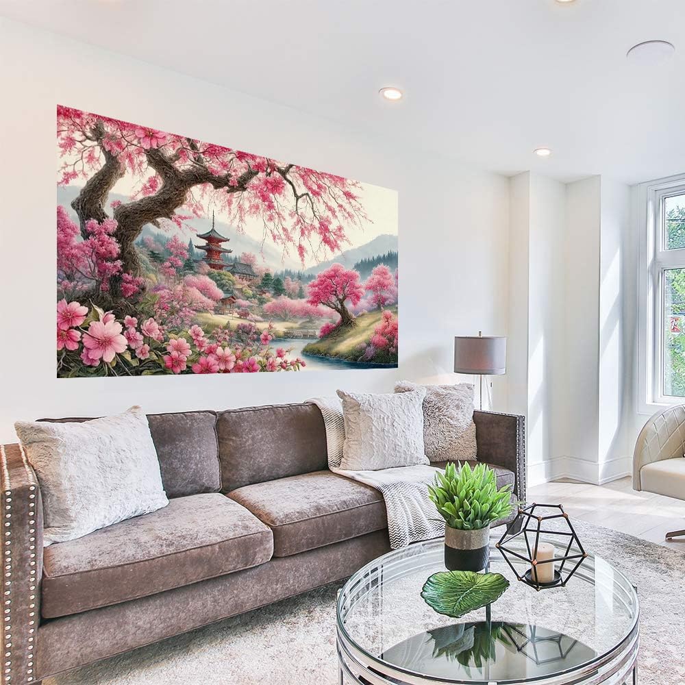 Large Diamond Art Kits for Adults, Cherry Blossoms Flower Diamond Art Painting Kits for Adults, 5D DIY Full Drills Mountain Sakura Craft for Gifts, Home Wall Decor 15.7" x 27.6", Extra Large Size croshom