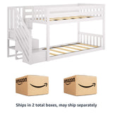 Max & Lily Low Bunk Bed, Twin-Over-Twin Bed Frame For Kids With Stairs, White Max & Lily