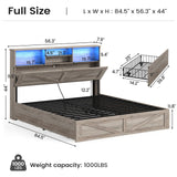 AOGLLATI Farmhouse Full Size Bed Frame with 4 Storage Drawers and Charging Station, Wooden Full Bed Frame with Hidden Space Bookcase Headboard and Led Lights & Metal Slats, Gray AOGLLATI