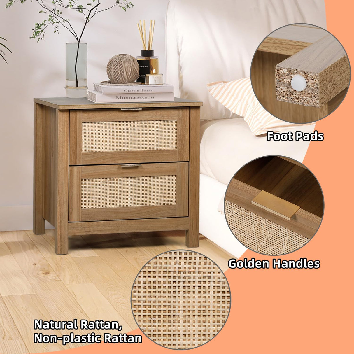 AILEEKISS Night Stand Set of 2 Rattan Nightstands with Wireless Charging Station, Wood Accent Bed Side End Tables with 2 Rattan Drawers, Modern Bedside Stand for Bedroom, Living Room (Natural Oak) AILEEKISS