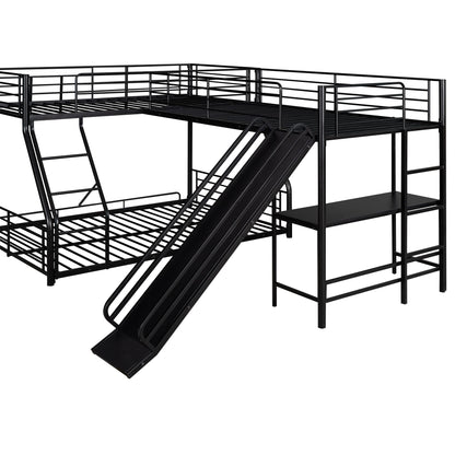 SOFTSEA Metal L Shaped Bunk Bed with Slide and Small Desk, Twin Over Full and Twin Triple Bunk Bed