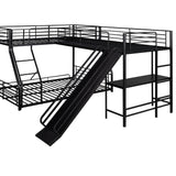 Low Twin Over Full Bunk Bed with Twin Loft Bed, L-Shaped Triple Bunk Bed with Slide and Desk, 3 Bunk Beds with Ladder and Full Length Guardrails, (Black Twin Over Full Slide Desk) Bellemave