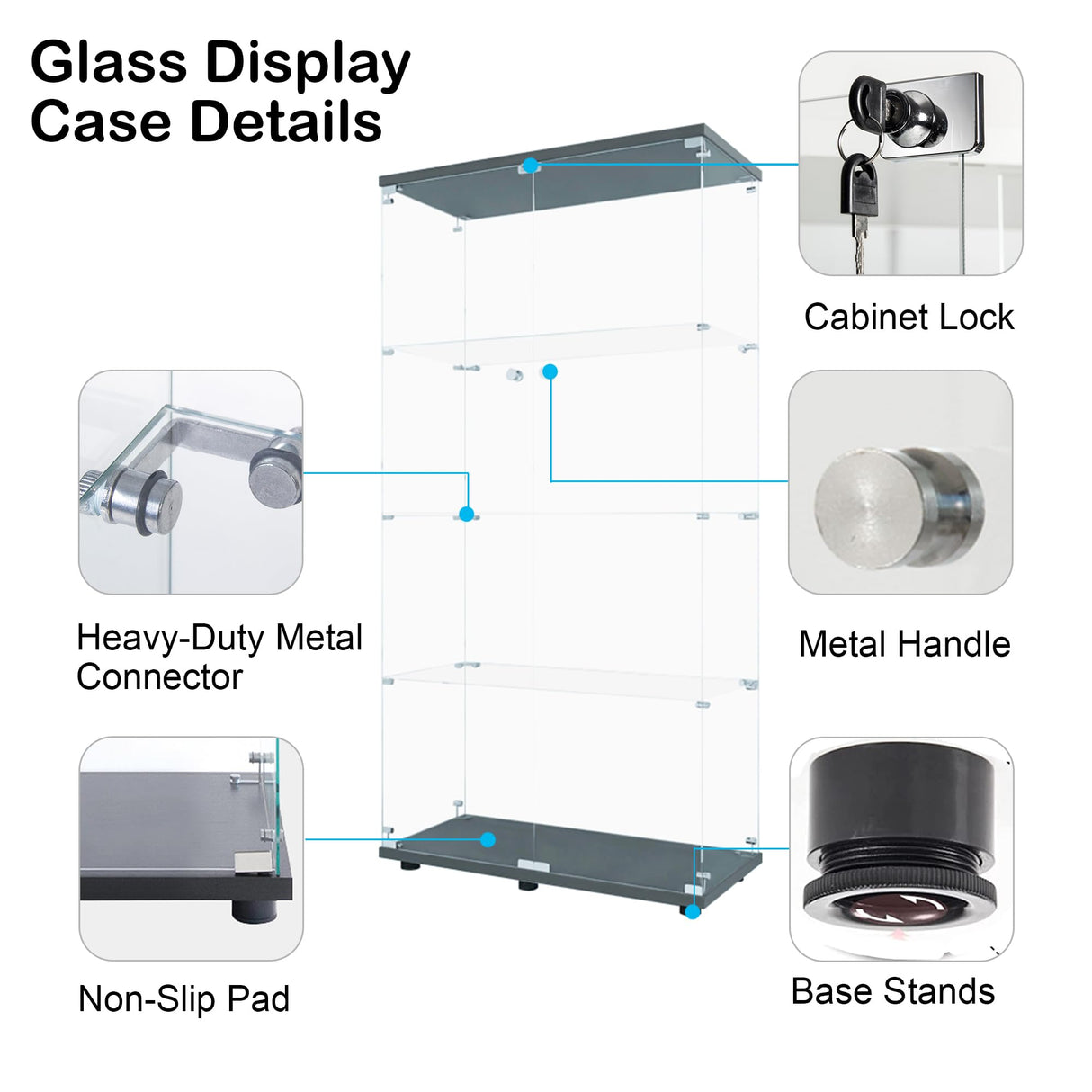 Mcltopz 64.7'' 4-Shelf Glass Display Cabinet with 2 Doors & LED Lights,Glass Curio Cabinet Display Case,5mm Tempered Glass Storage Cabinet,Floor Standing Bookshelf for Living Room Bedroom Office Black Mcltopz