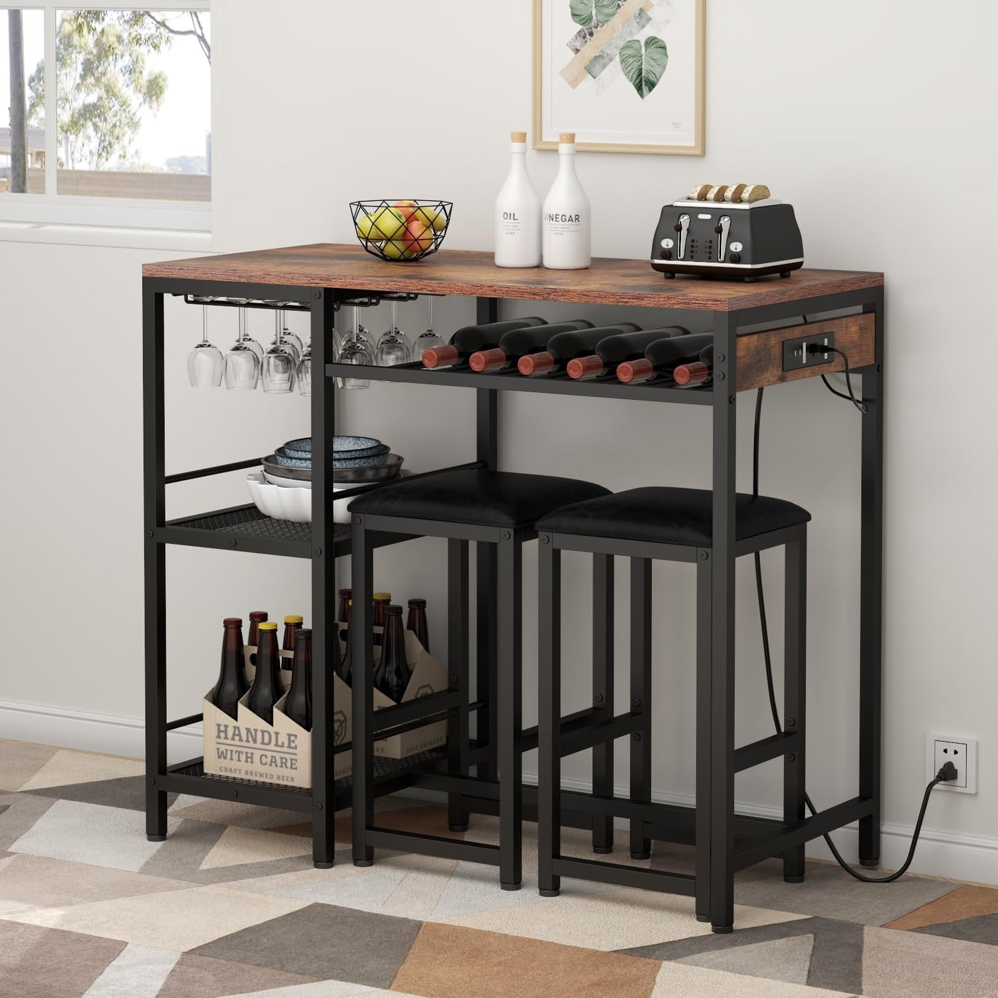 Gyfimoie Rustic Bar Table and Chair Set with Power Outlet, Storage Shelves, and Wine Rack - WoodArtSupply