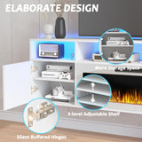 PUKAMI 70" Floating TV Stand with 36" Electric Fireplace,Wall Mounted Entertainment Center with LED Lights and Highlight Storage Cabinet for TVs up to 80" for Living Room (White and White) PUKAMI