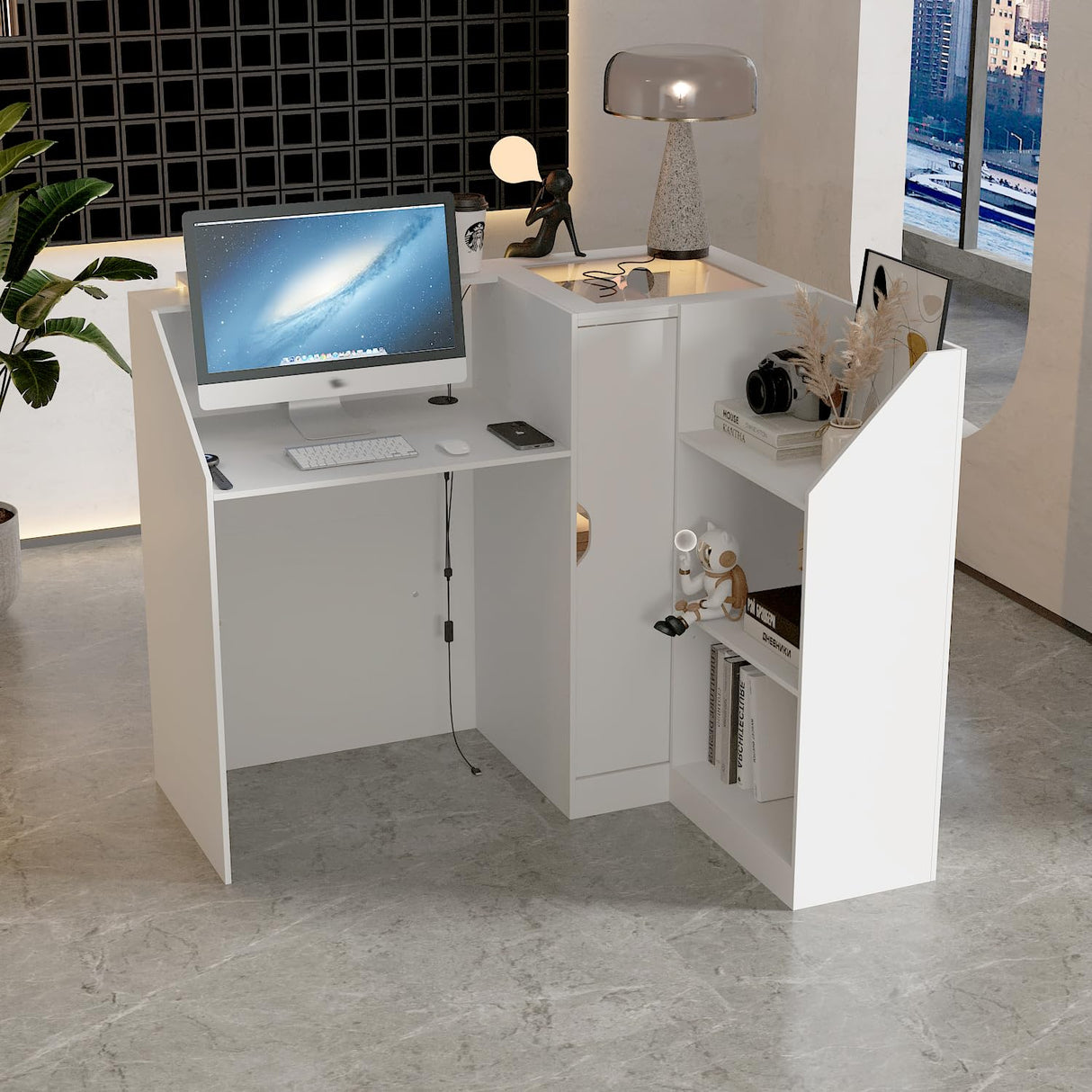 TAMUNE L-Shape Reception Desk with Lights, Front Counter Table with Glass Shelves, Reception Room Table, Counter Desk for Retail Checkout, Lobby Salon Store, White, 39.4”D x 47.2”W x 40.6”H TAMUNE