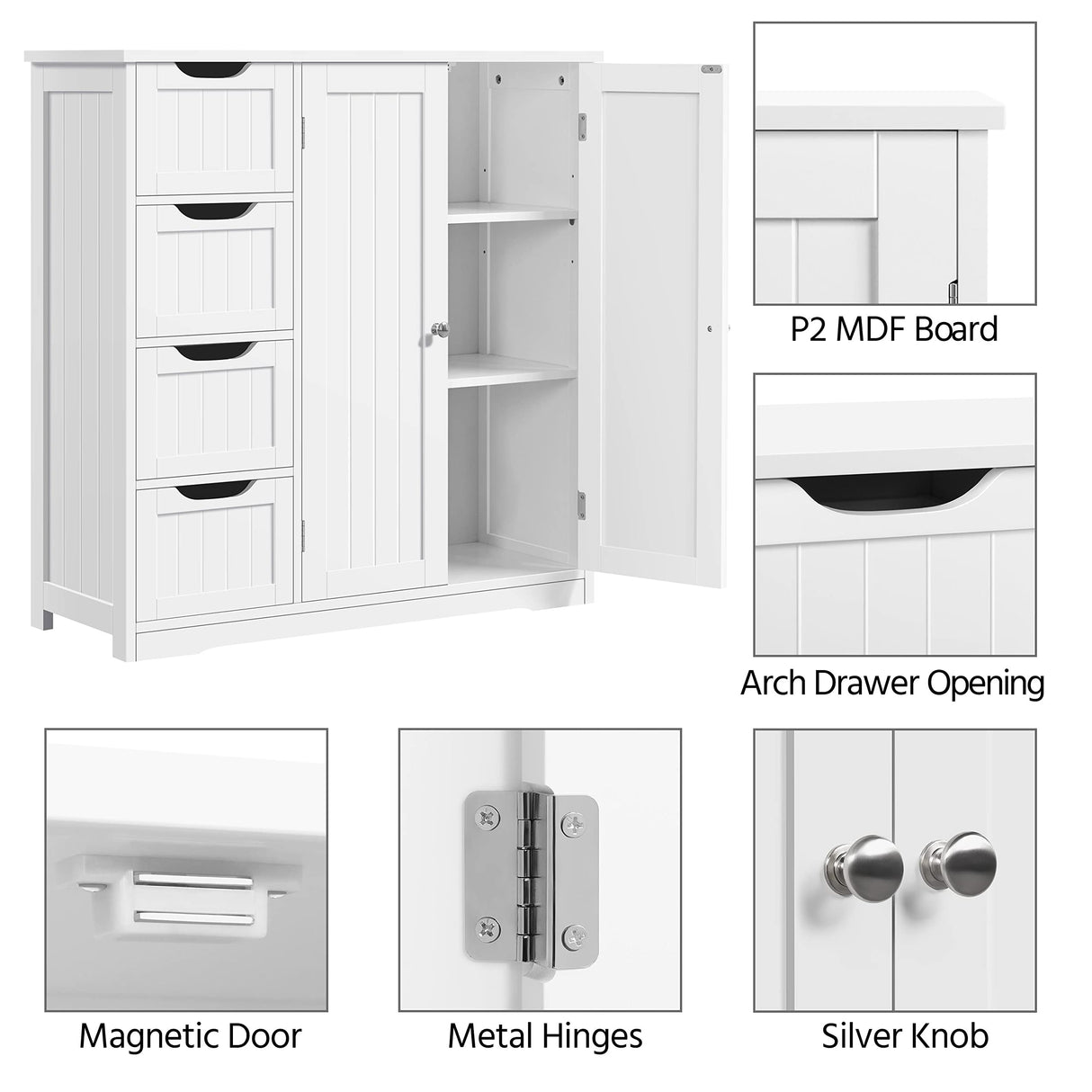 Yaheetech Wooden Bathroom Floor Cabinet, Side Storage Organizer Cabinet with 4 Drawers & Double Doors, Freestanding Entryway Storage Unit Console Table, Bathroom Furniture Home Decor, White Yaheetech