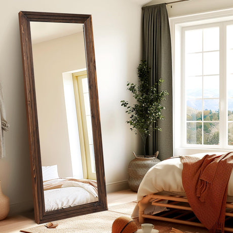 ABSWHLM Full Length Mirror 65"x24" Solid Wood Frame Floor Large Mirror for Living Room, Bedroom Hanging or Leaning Wall-Mounted, Brown ABSWHLM
