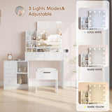 Fameill Makeup Vanity Mirror with Lights, Vanity with stools and Charging Station, LED Lights Makeup Mirror Vanity Set with 5 Drawers and Lots Storage Shelves for Women and Girls, White Fameill