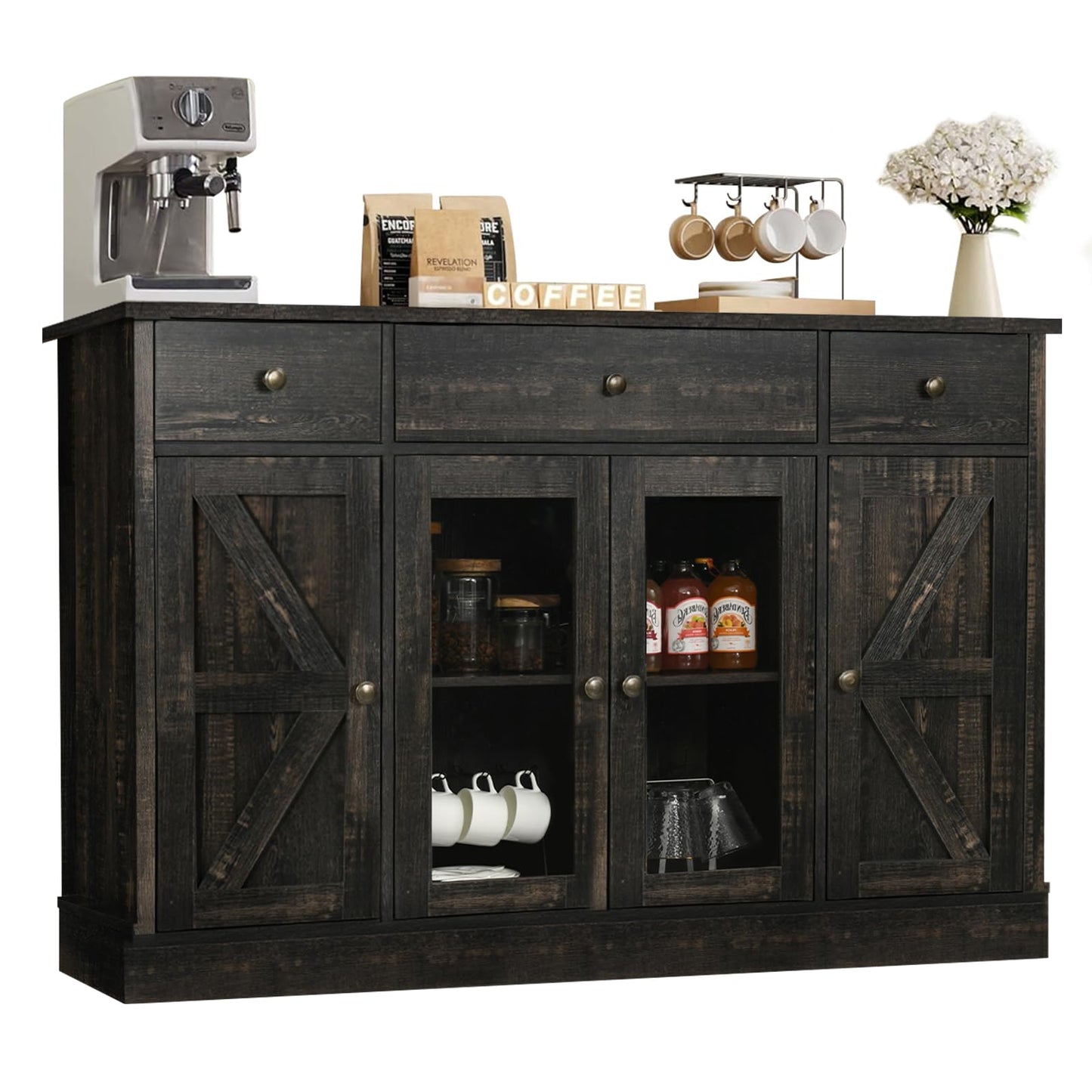 4 EVER WINNER Sideboard Buffet Cabinet with Storage, 55" Large Buffet Cabinet with Drawers Glass Doors Barn Doors, Farmhouse Coffee Bar Cabinet Wood Buffet Table for Kitchen, Dining Room, Rus - WoodArtSupply