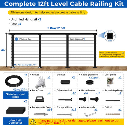 Zylorix 8ft-12ft Complete Set Cable Railing System 36", Black T304 Stainless Steel Cable Railing Posts Kit with Adjustable Handrail Cable Rail, Super Easy DIY for Indoor Outdoor Level Decks