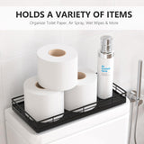 Toilet Paper Basket Organizer – Oak Wood Toilet Tank Tray with Metal Frame, Back of Tank or Top Bathroom Counter Storage – Black Modern Decor Focusonit