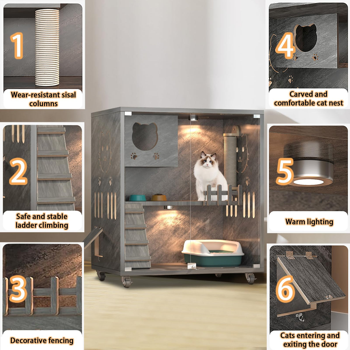 Large Indoor Cat Enclosure, Wooden Large Cat Villa, Indoor/Outdoor Cat Enclosure with Wheels, Multi-Feature Enclosed Cat Houses for Indoor Cats Ventilation Glass Doors, 38" X 32" X 24" HUATOL