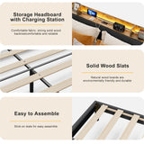 AOVSA Upholstered California King Bed Frame with Storage Headboard, Charging Station & LED Lights in Black AOVSA