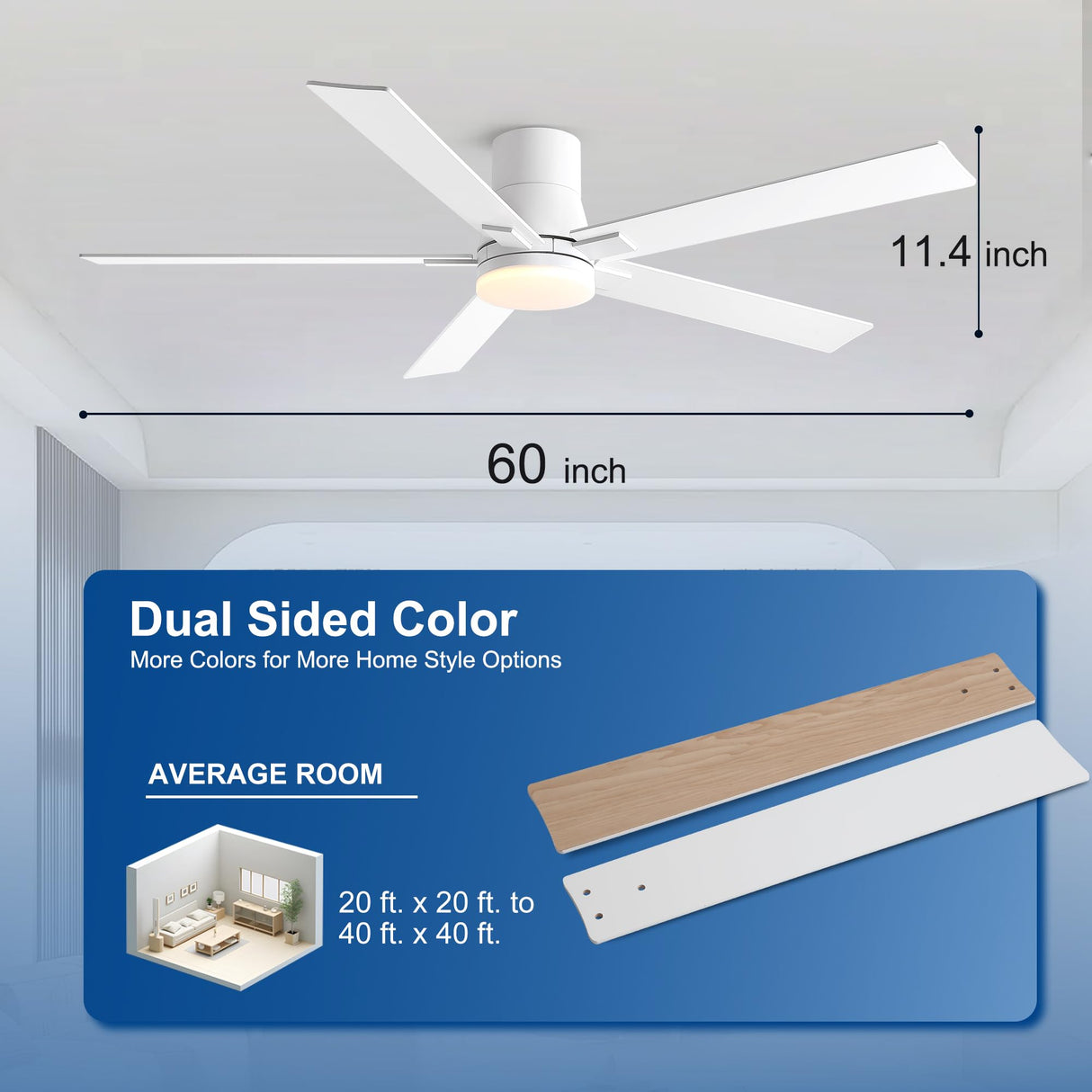 Rayqueen 60 Inch Ceiling Fans with Lights and Remote,Flush Mount White Ceiling Fan with 5 Dual Sided Blades,6 Speed Reversible DC Motor,3CCT Dimmable LED-Low Profile Design for Indoor or Covered Patio Rayqueen