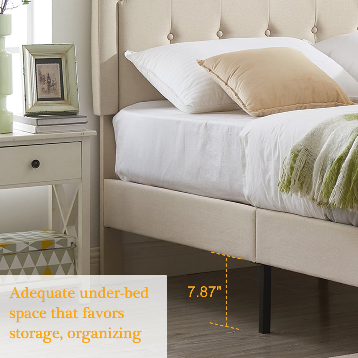 VECELO Queen Upholstered Platform Bed Frame with Adjustable Button Stitched Panel Headboard,Strong Wood Slat Support,Velcro Design,Mattress Foundation/Easy Assembly,Beige VECELO