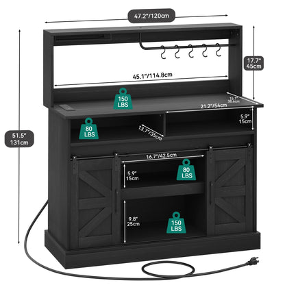 YITAHOME 47" Farmhouse Buffet Cabinets with Sliding Barn Door, Coffee Bar with Goblet Holder & Power Outlet, Sideboard Buffet Cabinets with Storage for Kitchen, Living Room (Black Oak)