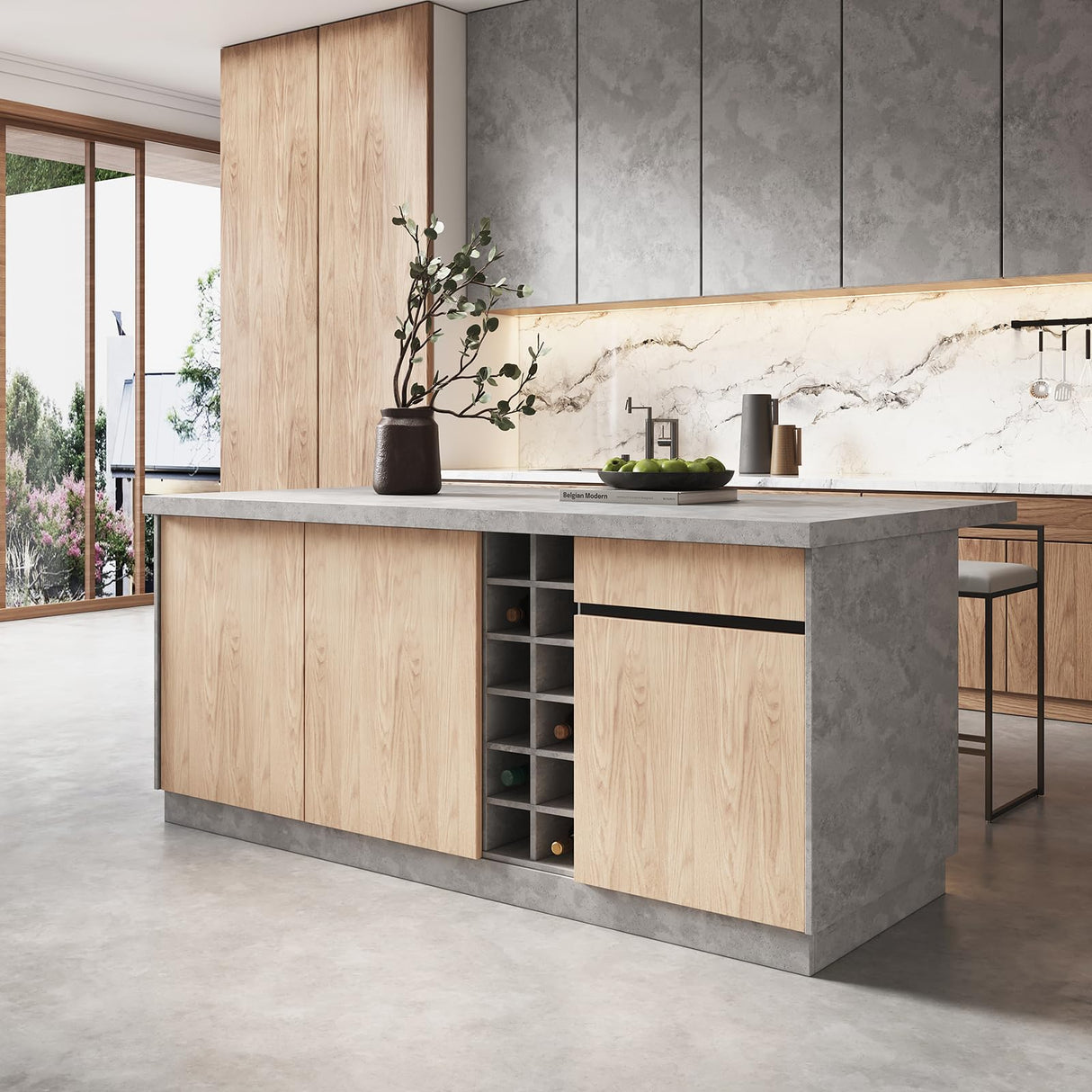 homary 72'' Kitchen Island with Storage Japandi Style Wood Kitchen Islands with Seating and LED Light in Gray homary