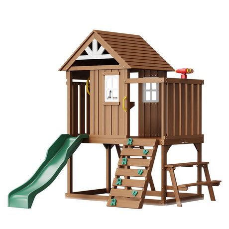 VEVOR Outdoor Wooden Playhouse, Modern Cedar Playhouse for Age 3-10 Years Kids, Garden Games Cottage, Country Style Cedar with Slide, Ladder, Climbing Wall, Windows, Picnic Table and Bench VEVOR