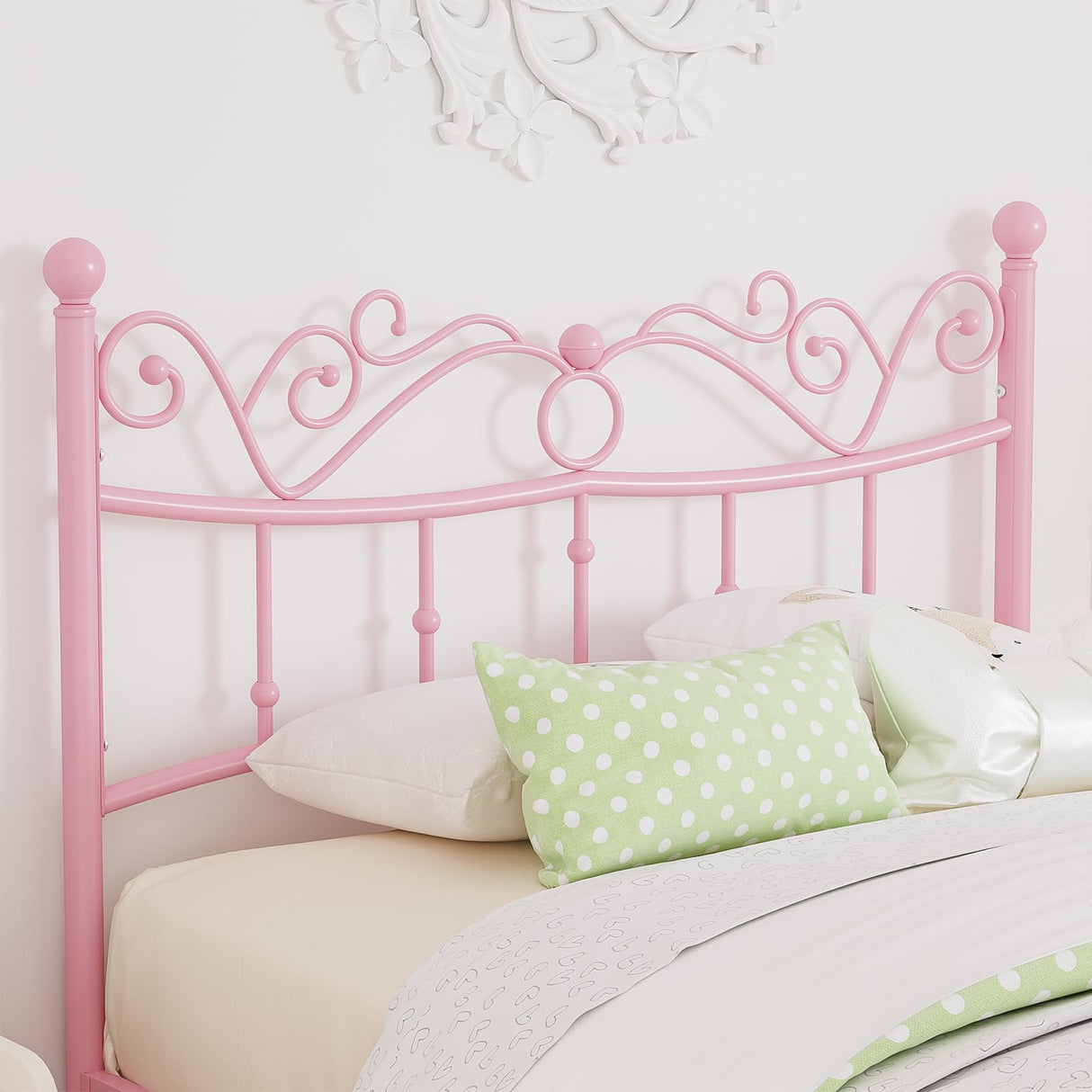 Merronix Twin Bed Frames with Headboard, Elegant Metal Pink Bed Frame for Kids Girls, Modern Heavy Duty Twin Size Platform Bed - No Box Spring Needed, 11.2 Inches Height Underneath Storage Merronix