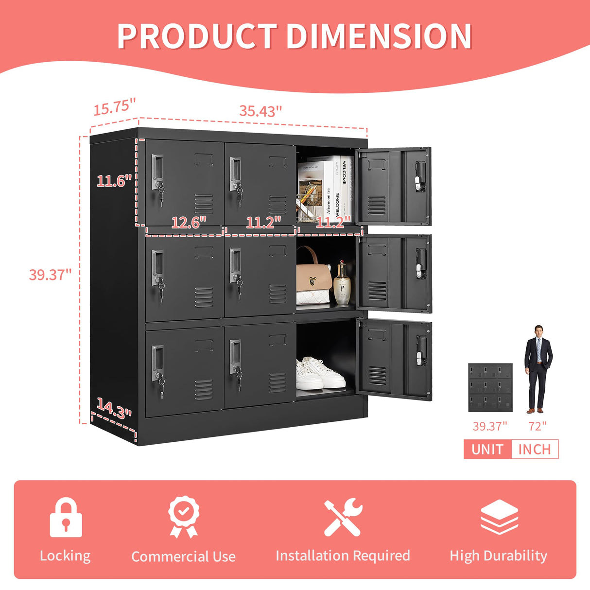 IKIMI Metal Lockers for Employees,Office Storage Locker with 9 Doors Black,Employee Locker with Lock and Card Slot,Steel Staff Locker Storage Cabinet for Gym Home School Garage,Assembly Required IKIMI