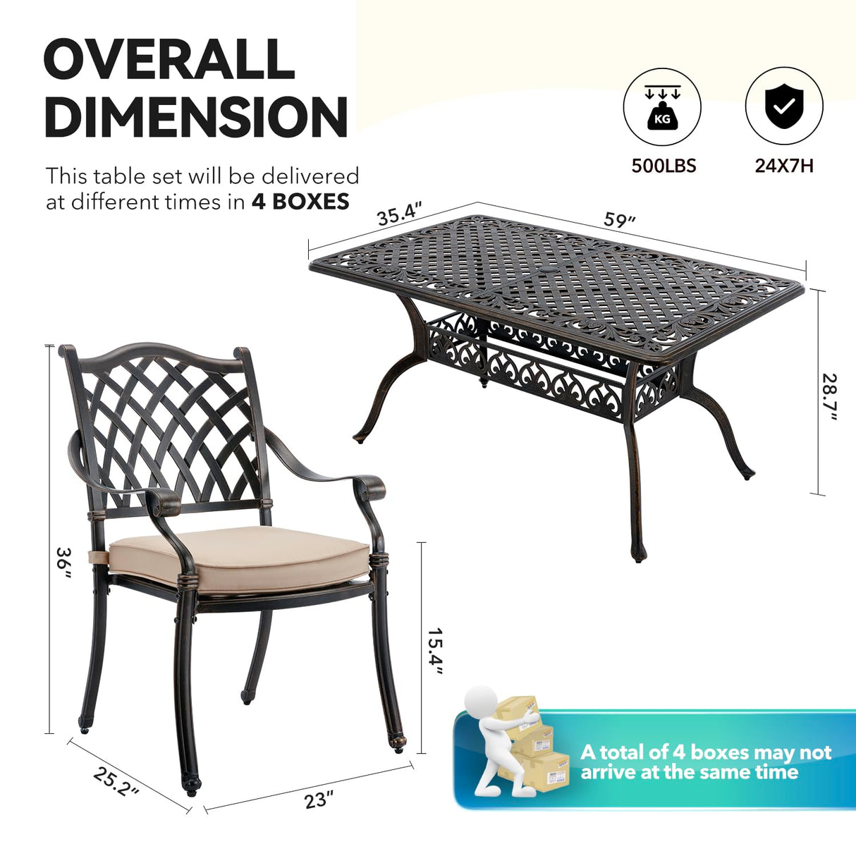 Attliasalon Outdoor Dining Set Cast Aluminum Retro Patio Dining Set with Thicker Cushion and Umbrella Hole for Patio Deck (Bronze Stackable Chair(Lattice), 7 Pcs(59" Rectangular Table)) Attliasalon