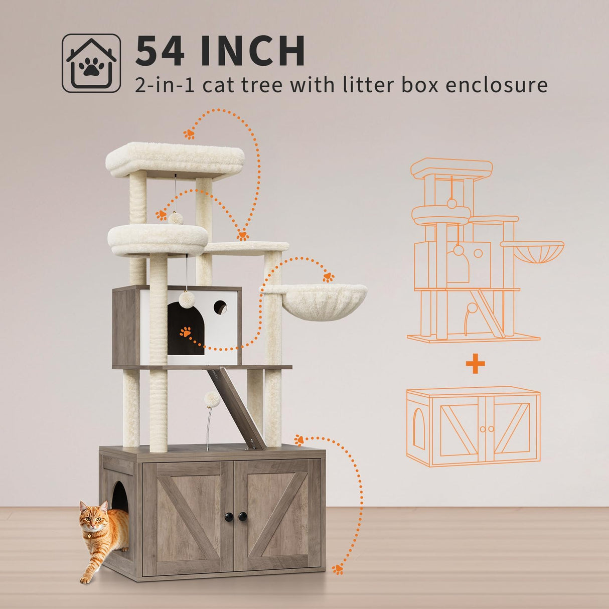 Cat Tree With Litter Box Enclosure Hidden Cat Washroom Furniture Multipurpose Litter Box Enclosure, Cat Tree and Condo With Large Platform, Cats House, Full Sisal Posts, Removable Washable Cushion PtioHavn