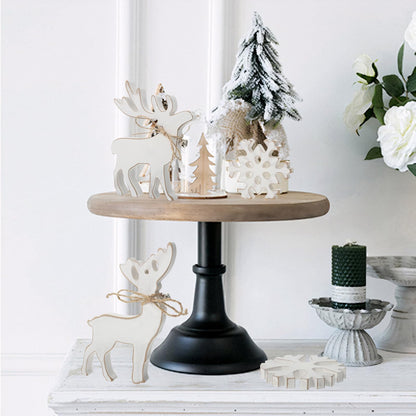 4Pcs Reindeer Snowflake Christmas Wooden Table Decorations Rustic Reindeers Tiered Tray Tabletop Signs Christmas White Snowflake Wooden sign for Christmas Winter Home Table Decor