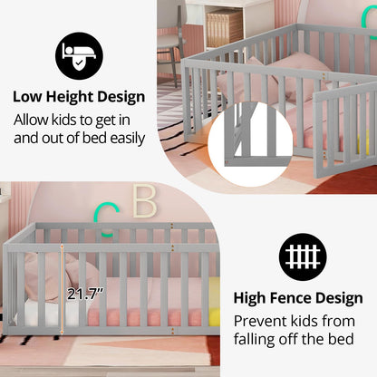 Solid Wood Montessori Floor Bed for Kids with Fun Door Design & Safety Guardrails - Easy Assembly in Gray - WoodArtSupply