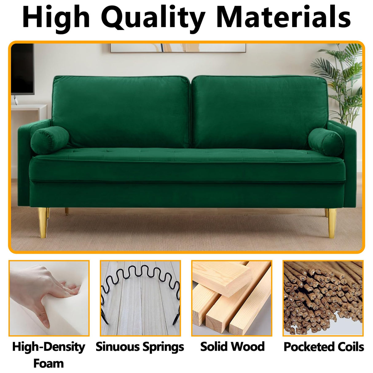 HRVEOCEI 65 Inch Green Velvet Couch, Small Loveseat Sofa & Office Sofa for Small Space, Couch for Bedroom Livingroom, 2 Pillows, Gold Legs, Tufted Seat (Green) HRVEOCEI