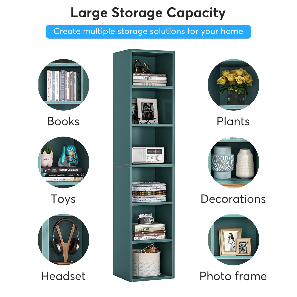 LITTLE TREE 70.9 Inch Tall Narrow Bookcase, Corner Bookshelf 6 Tier Cube Display Shelf Storage Organizer for Small Space, Blue LITTLE TREE