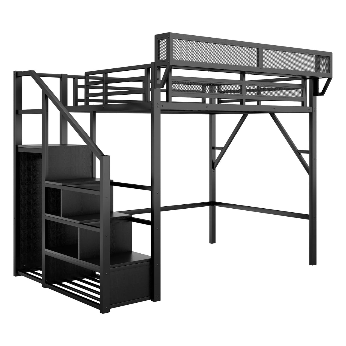 Mirightone Full Size Loft Bed with Stairs and Storage, Metal Loft Bed Frame with Bedside Shelf and Large Under-Bed Space, Heavy-Duty Loft Beds for Adults Teens and Kids, Black Mirightone