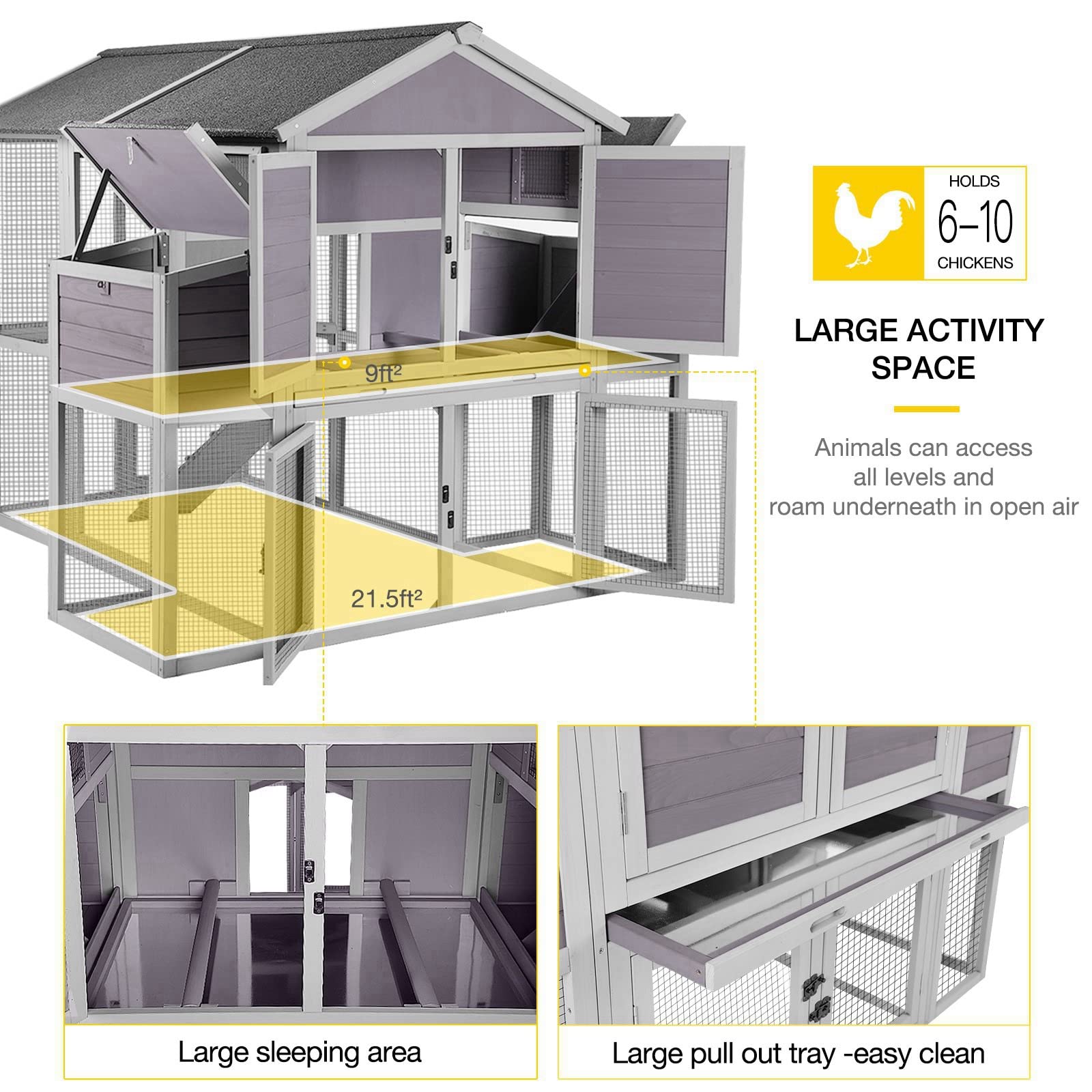 Chicken Coop 75.7" Large Hen House Wooden Multi-Level Poultry Cage with Run Nesting Box,6-10 Chickens - WoodArtSupply