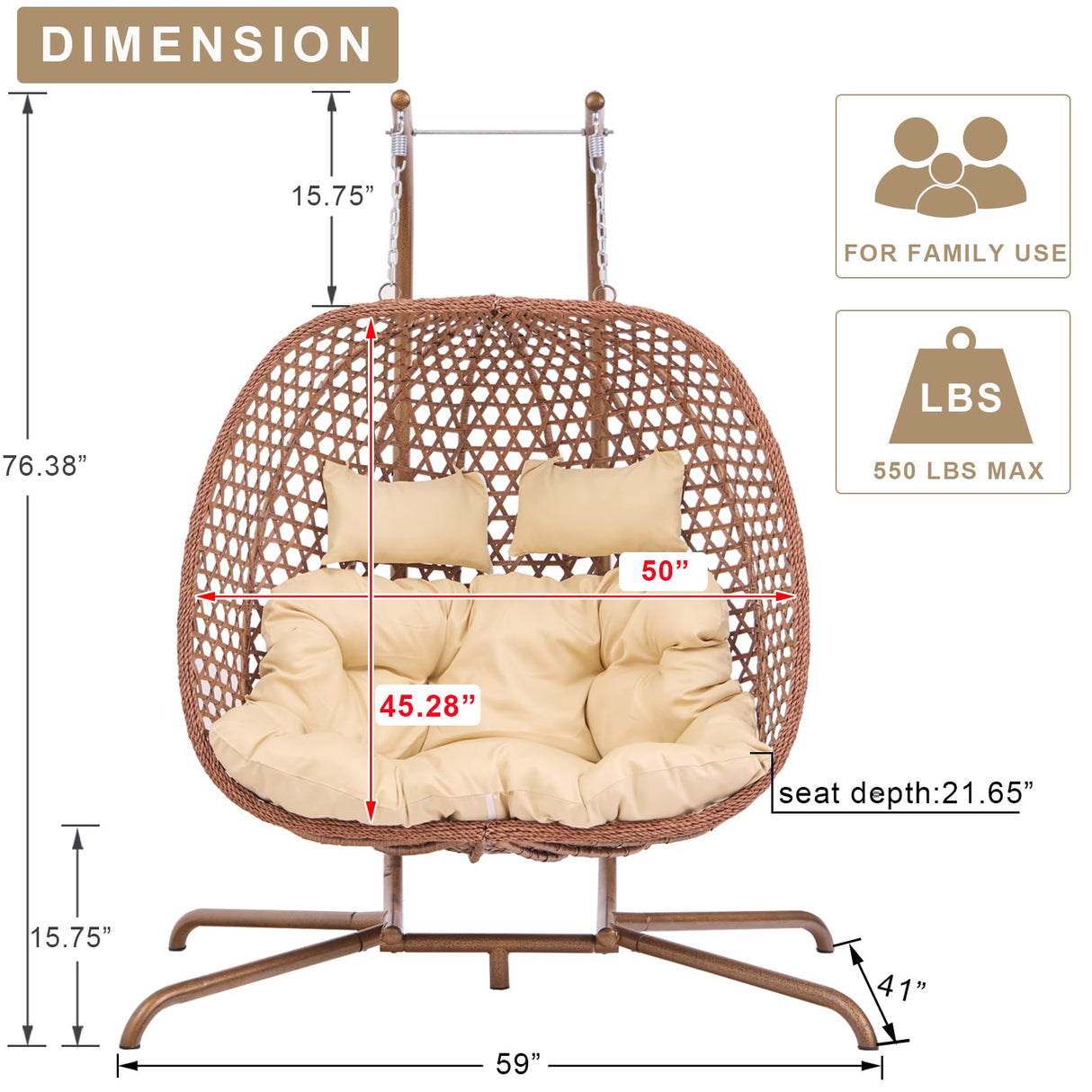 Double Swing Egg Chair with Stand, Foldable Wicker Hanging Swing for Outdoor Garden Patio, 2 Person Egg Chair Loveseat with Removable Cushions (Beige) iJLTMUU
