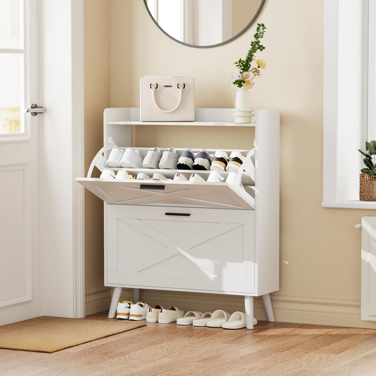 Homleke Farmhouse Shoe Storage Cabinet with 2 Flip Drawers and Barn Door Design, Adjustable Shelves, Modern Hidden Slim Narrow Shoe Rack Cabinet for Entryway, Foyer, Hallway, Living Room, White Homleke