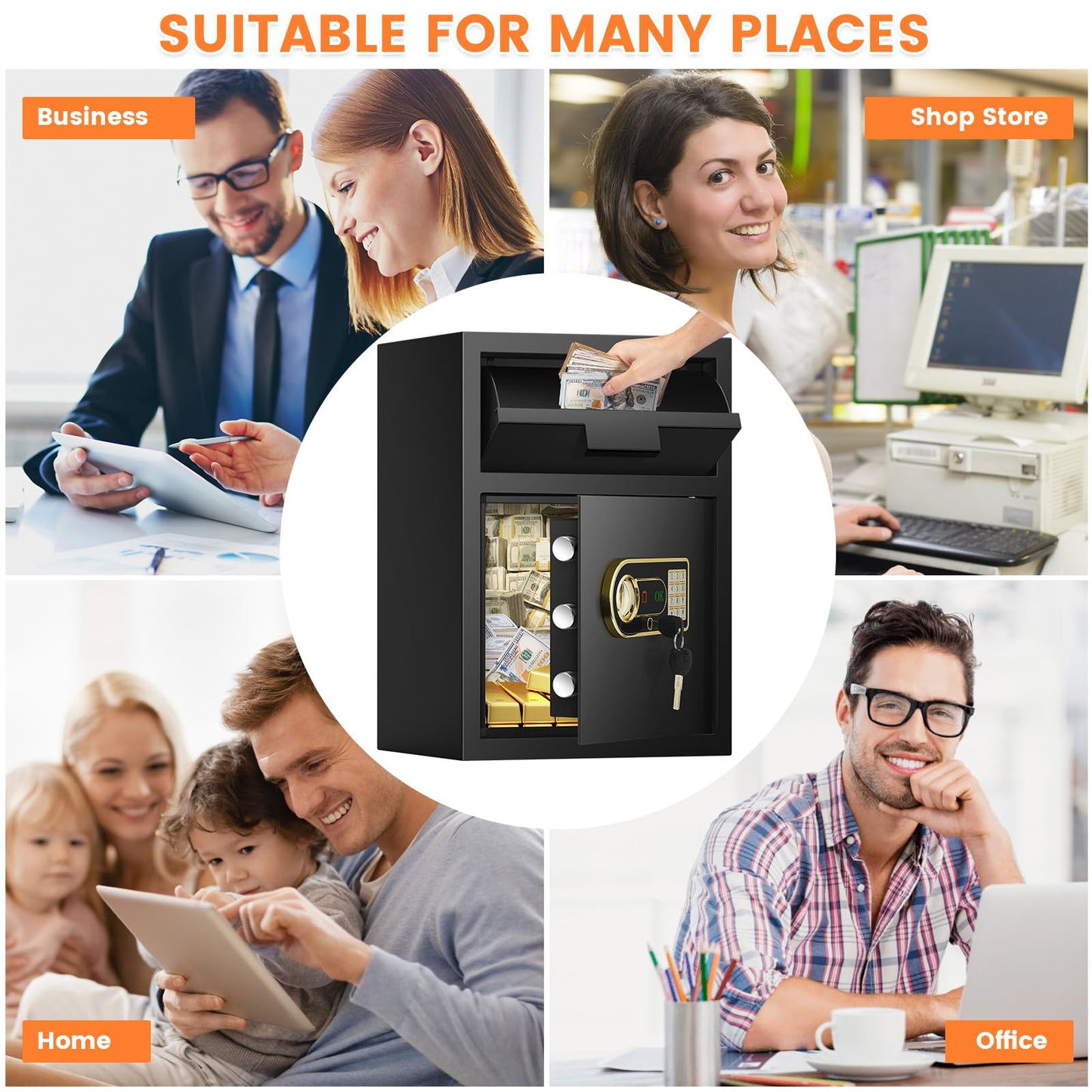 2.6 Cubic Fireproof Drop Safe for Business, Anti-Theft Drop Slot Safes for Money with Digital Combination Lock & Spare Keys, Cash Depository Safe with Drop Box for Home Retail Store Busines