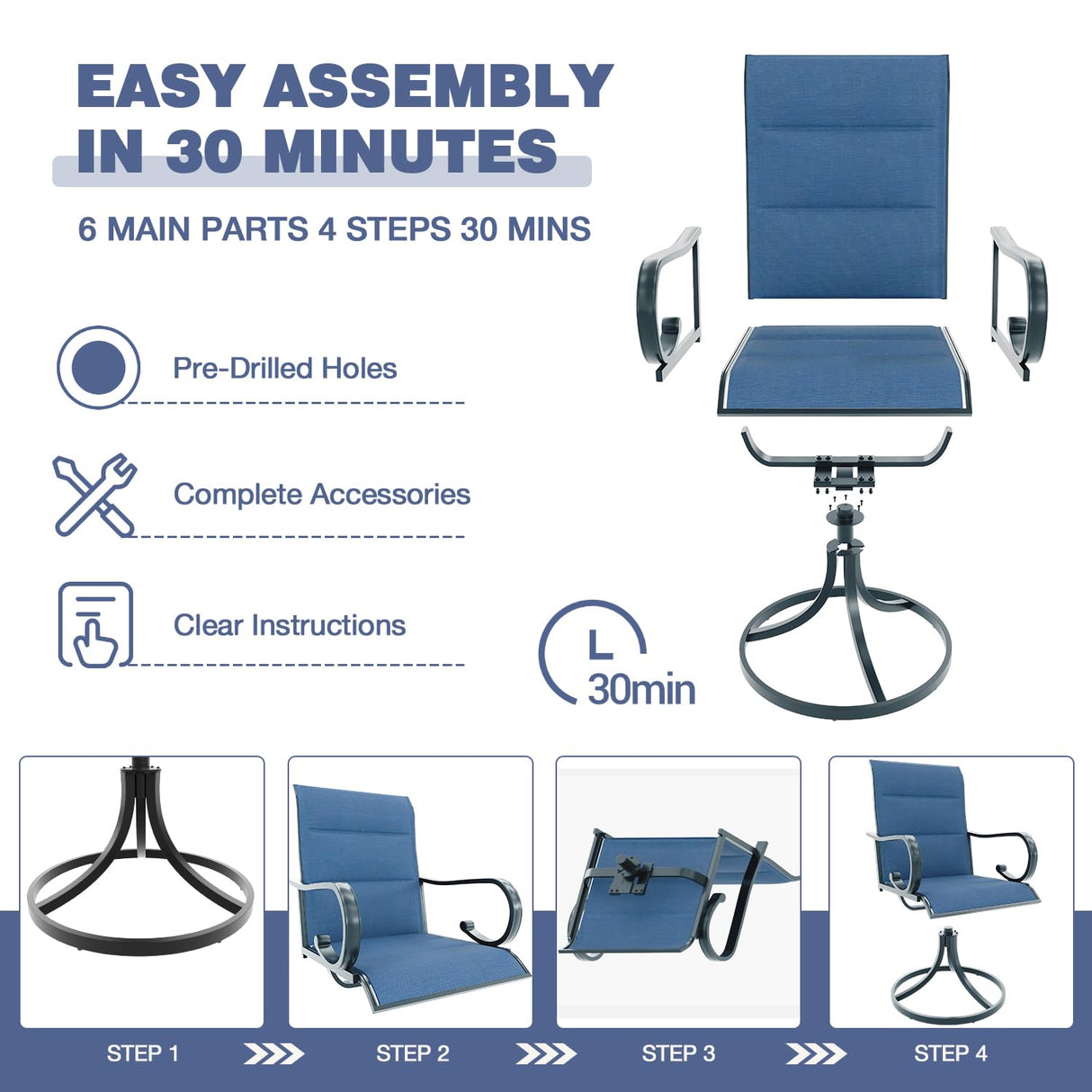 MELLCOM 5 Pieces Outdoor Dining Set, 4 Swivel Rocker Chairs with High Back Textilene & Square Metal Dining Table with Umbrella Hole, Patio Furniture Set for Porch, Garden, Backyard, Deck, Blue MELLCOM