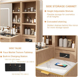 48" Fluted Makeup Vanity Desk with Sliding Mirror and Lights, Wooden Dressing Table with 5 Drawers and Adjustable Shelves,Makeup Vanity Table Modern Glass Top Charging Station for Bedroom (Wooden) TTSITG