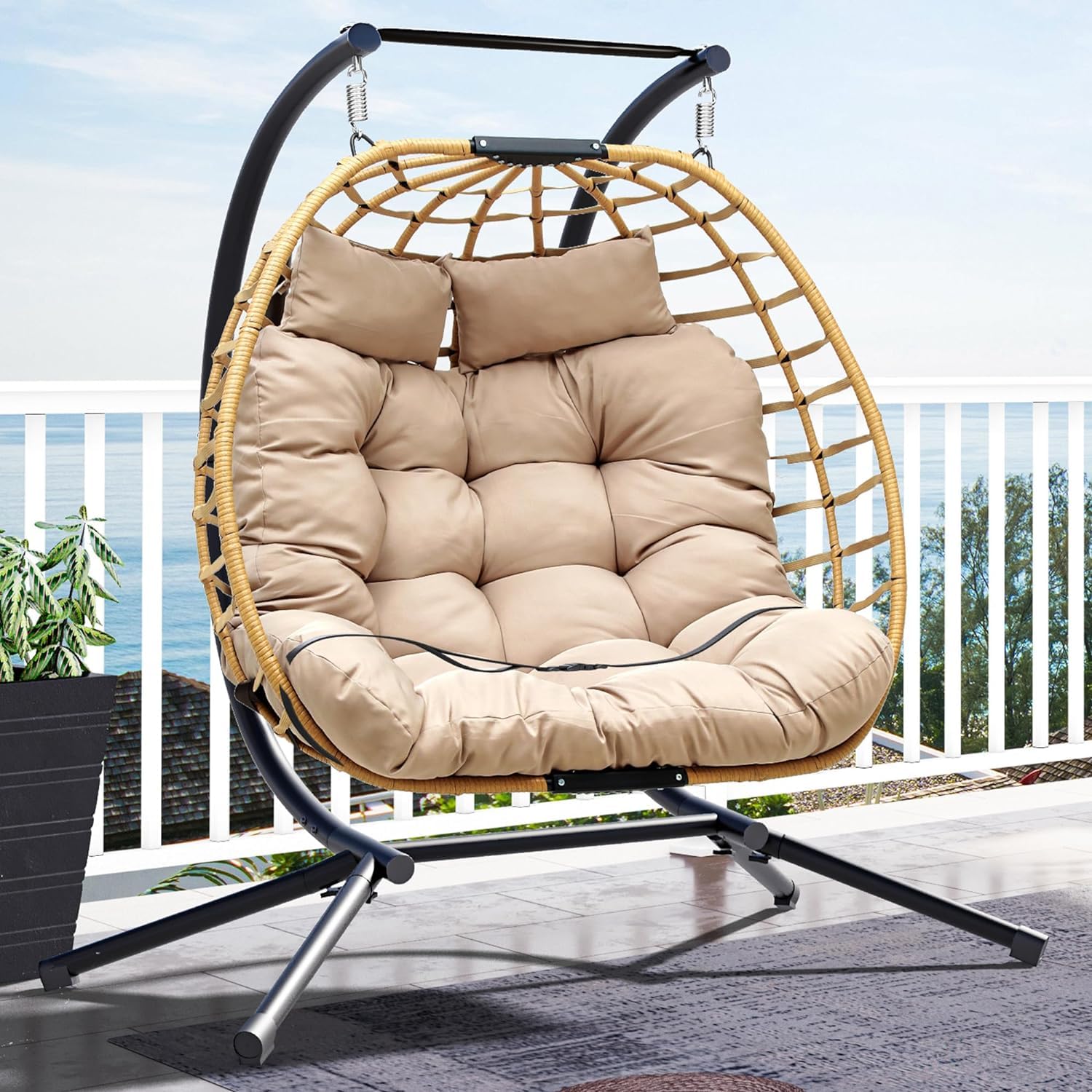 YITAHOME Double Hanging Egg Swing Chair Patio Love Seats 2 Person Couple Wicker Rattan Chair Outdoor Egg Chair with Cushions 550lbs for Patio, Poolside, Balcony,Round Khaki - WoodArtSupply