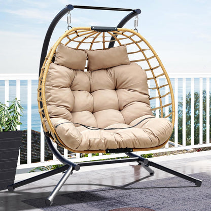 YITAHOME Double Hanging Egg Swing Chair Patio Love Seats 2 Person Couple Wicker Rattan Chair Outdoor Egg Chair with Cushions 550lbs for Patio, Poolside, Balcony,Round Khaki - WoodArtSupply