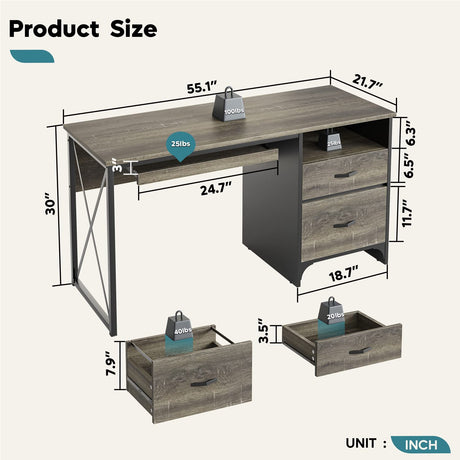 Bestier Office Desk with Drawers, 55 inch Industrial Computer Desk with Storage, Wood Teacher Desk with Keyboard Tray & File Drawer for Home Office, Dark Gray Oak Bestier