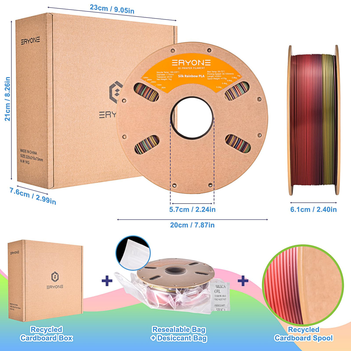 ERYONE Silk Rainbow 3D Printer PLA Filament 1.75 +/- 0.03mm, Shiny Multicolor Filament PLA Fast Color Gradient 1KG(2.2LBS), Sunset Rainbow ERYONE