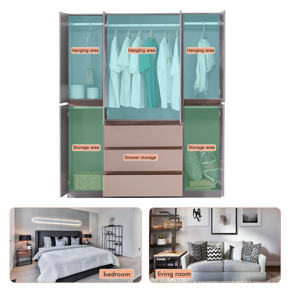 GraceGrove 4-Door Wooden Gray Armoire Wardrobe Closet with 3 Drawers for Bedroom Storage Wardrobe Closet Wood with Hanging Rod with Large Storage Wardrobe with Drawers 63" L x 20.3" W x 72" H GraceGrove